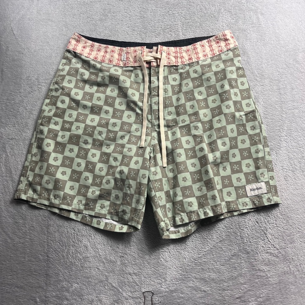 Rhythm Mens Sage Green Floral Checkered Board Shorts Size 33 Swim Trunks